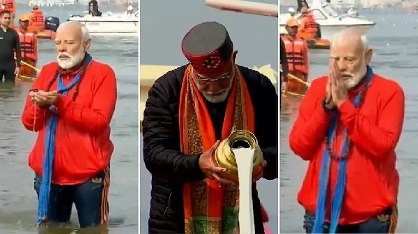 हाथ और गले में रुद्राक्ष की माला, पीएम मोदी ने लगाई महाकुंभ में संगम में डुबकी pm modi in mahakumbh - Hindi News Express